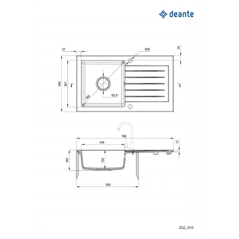 1-Bowl Granite Sink with Drainer DEANTE Graphite Metallic ZORBA