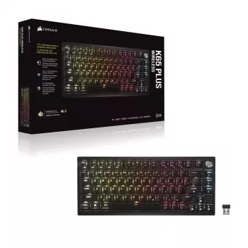 CORSAIR K65 PLUS Wireless 75% mechaninė klaviatūra, Hot-Swappable, MLX Red Tactile jungikliai, per klavišą RGB, QWERTY anglų, juoda
