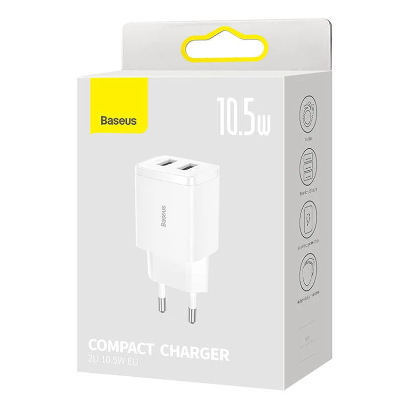 Baseus Compact Universal White AC Indoor Charger 10,5W 2 USB-A Ports