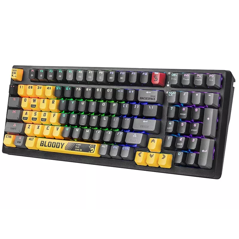 A4Tech Bloody S98 Sports Lime mechaninė klaviatūra, BLMS Red Plus jungikliai, 98 klavišų kompaktiška, RGB apšvietimas, USB-C atjungiama