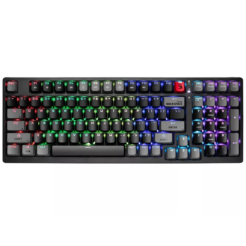 A4Tech Bloody S98 Sports Lime mechaninė klaviatūra, BLMS Red Plus jungikliai, 98 klavišų kompaktiška, RGB apšvietimas, USB-C atjungiama