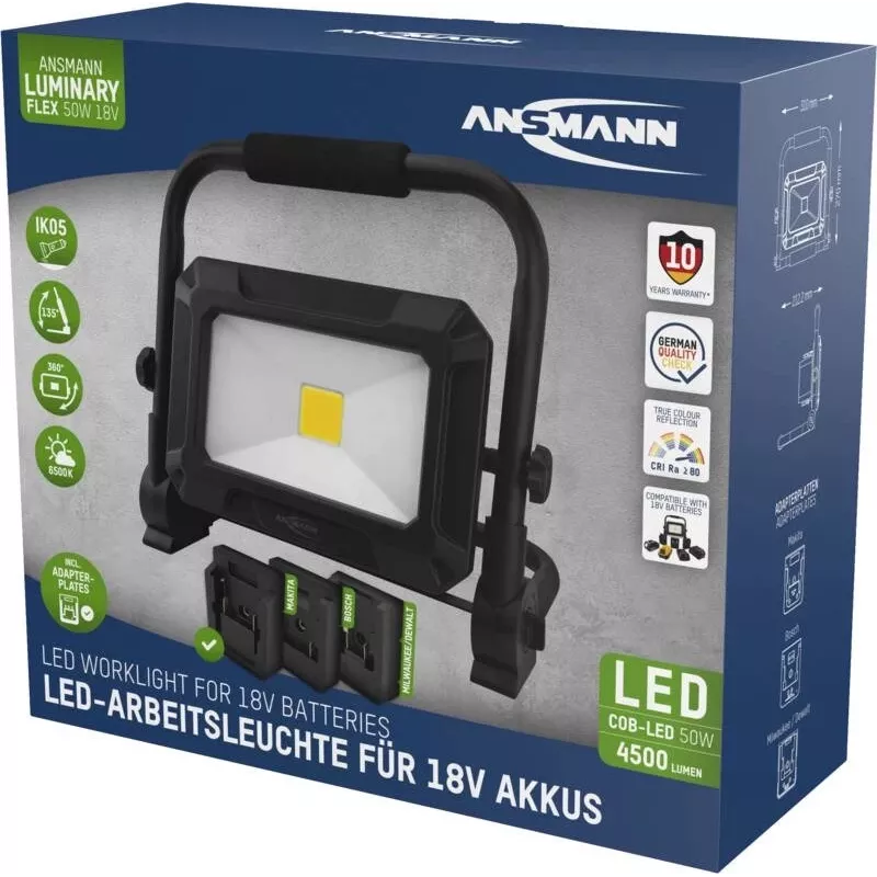 ANSMANN 1600-0713 LED prožektorius FL50W 18V akumuliatoriniams įrankiams su adapterių plokštėmis