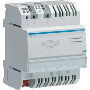 Hager TXA112 KNX magistralės maitinimo šaltinis 230V AC 30V DC 640mA pilkas