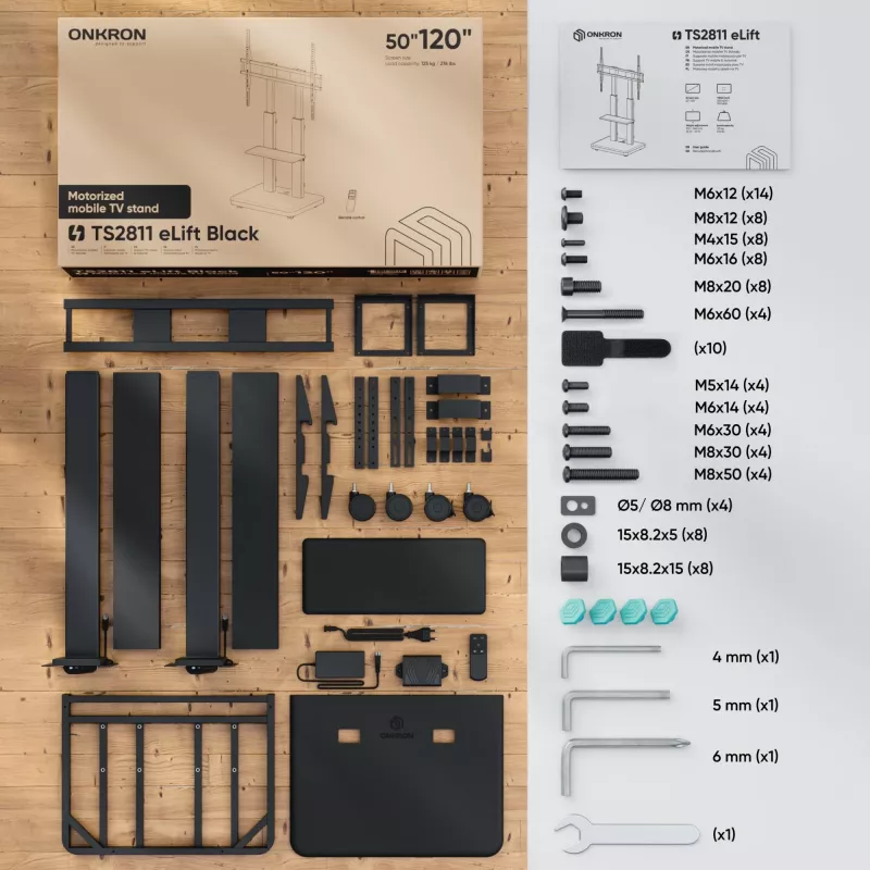 ONKRON TS2811E-B Mobilus televizoriaus stovas 50–120 colių ekranams, juodas