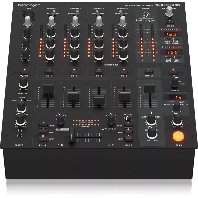 Behringer DJX900USB Professional 5 kanalų DJ mikšeris su INFINIUM bekontakčiu VCA kryžminiu faderiu, pažangiais skaitmeniniais efektais ir USB/garso sąsaja