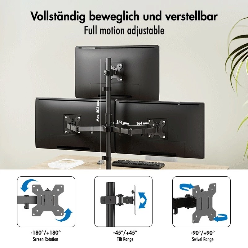 LOGILINK Trigubas monitorių laikiklis 17-27 colių ekranams, 10 kg rankai, juodas