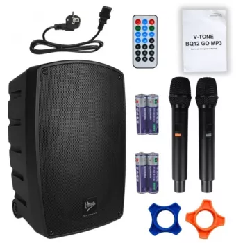 V-TONE BQ12 GO MP3 aktyvus 8 colių baterijomis maitinamas garsiakalbis su belaidžiu mikrofonu ir nuotolinio valdymo pultu, juodas
