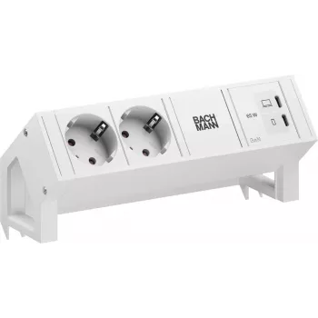 Bachmann DESK2 Pure White stalo maitinimo modulis su 2x Schuko lizdais ir 65W USB-C PD, 0,2 m laidu, RAL 9010