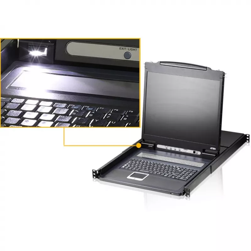 ATEN CL1308N LCD KVM Console su 8 prievadų KVM jungikliu - 19 inch LCD, PS/2 ir USB, VGA, 1280x1024, juoda, 1U montuojama į stelažą