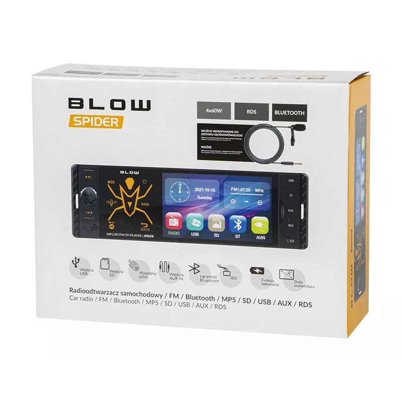 BLOW Spider 4CAL RDS RGB automobilinis radijo imtuvas su Bluetooth, USB, SD, AUX, lietiminiu ekranu, RGB foniniu apšvietimu, nuotolinio valdymo pultu, 1 DIN, 4x45W