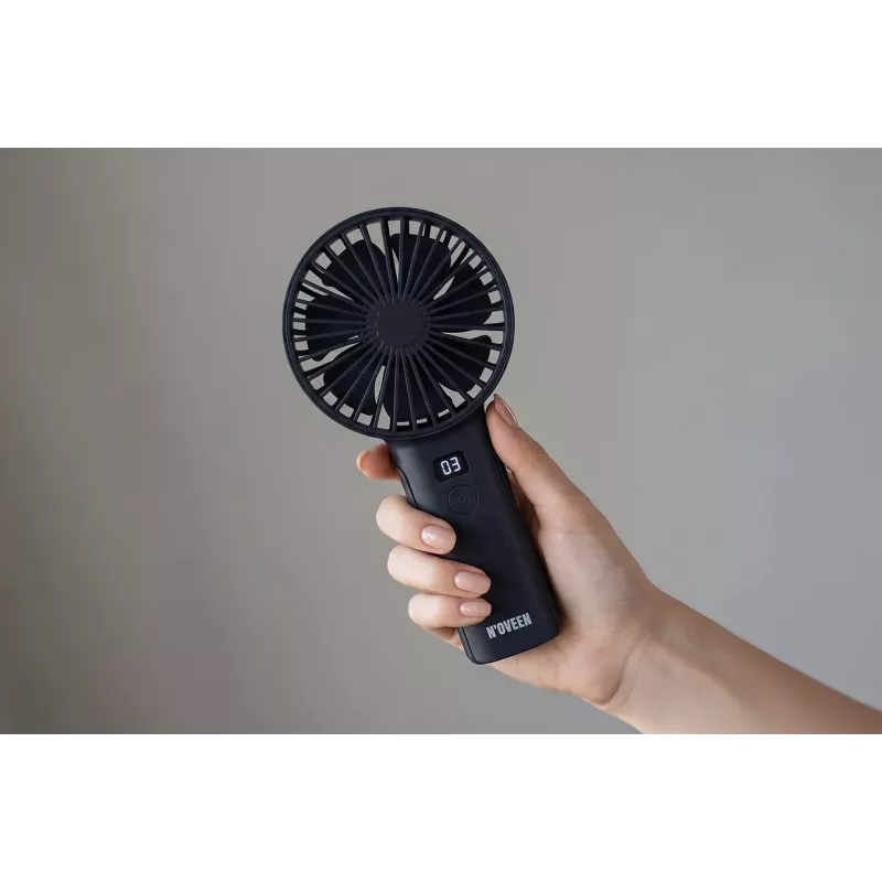 N'OVEEN F120 nešiojamas rankinis ir stalinis ventiliatorius su įkraunama baterija, USB, 1200 mAh, 3 greičiai, baltas