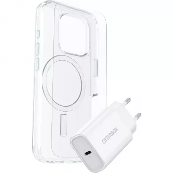 OtterBox Symmetry Series Clear MagSafe Case + Premium Glass Screen Protector + 30W USB-C Fast Charger, skirta Apple iPhone 16 Pro