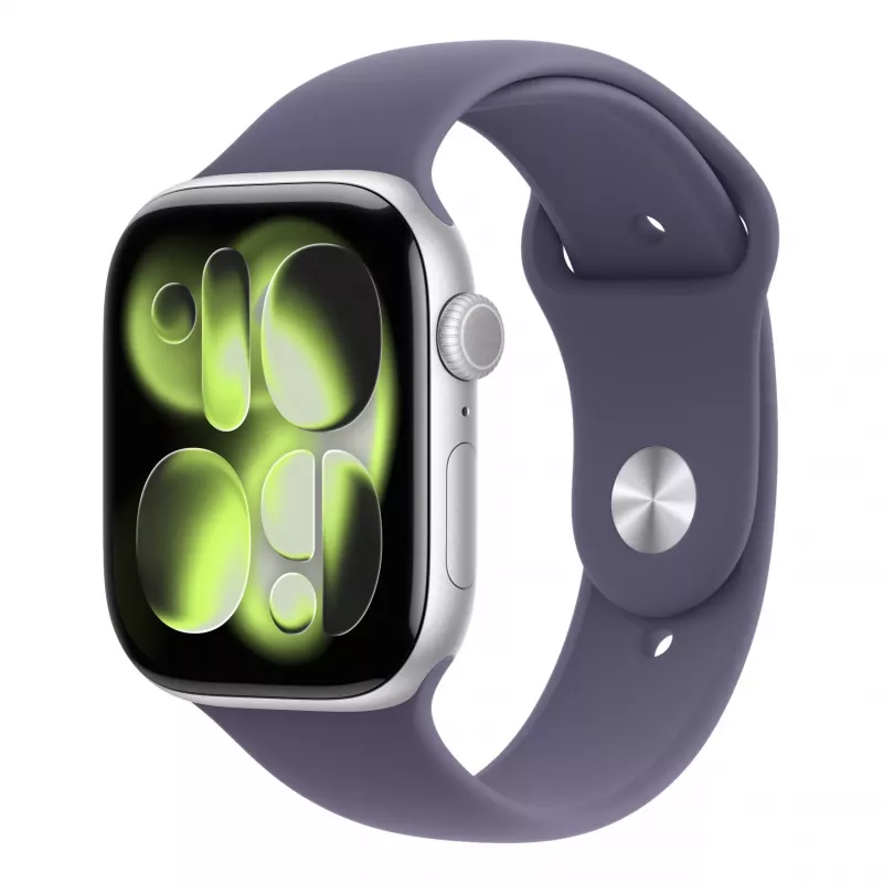 “Apple Watch Series 11 GPS 46mm sidabrinis aliuminio korpusas su Purple Fog Sport apyranke M/L”