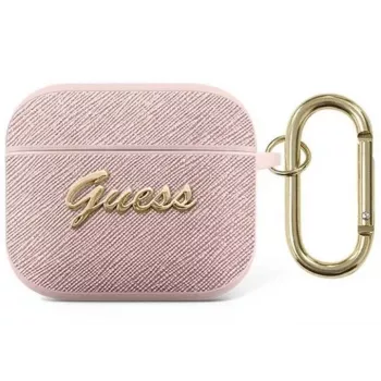 Apsauginis dėklas Guess GUA3SASMP Saffiano Script Metal Collection Apple AirPods 3rd Generation ausinukams, rožinis