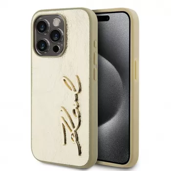 Karl Lagerfeld Wrinkled Metal Signature Case, skirta iPhone 15 Pro Max, auksinė