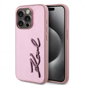 Karl Lagerfeld Wrinkled Metal Signature Case, skirtas iPhone 15 Pro Max, rožinė