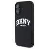 DKNY DKHMP16SSNYACH Kietas dėklas, skirtas Apple iPhone 16 6,1 colio, juodas silikonas su baltu spausdintu logotipu, MagSafe