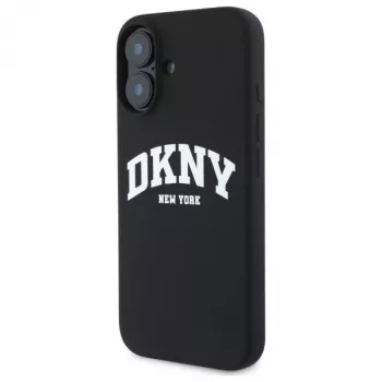 DKNY DKHMP16SSNYACH Kietas dėklas, skirtas Apple iPhone 16 6,1 colio, juodas silikonas su baltu spausdintu logotipu, MagSafe