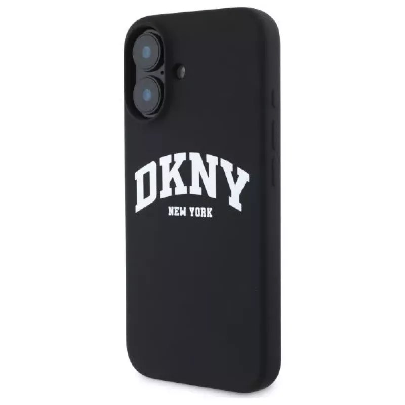 DKNY DKHMP16SSNYACH Kietas dėklas, skirtas Apple iPhone 16 6,1 colio, juodas silikonas su baltu spausdintu logotipu, MagSafe