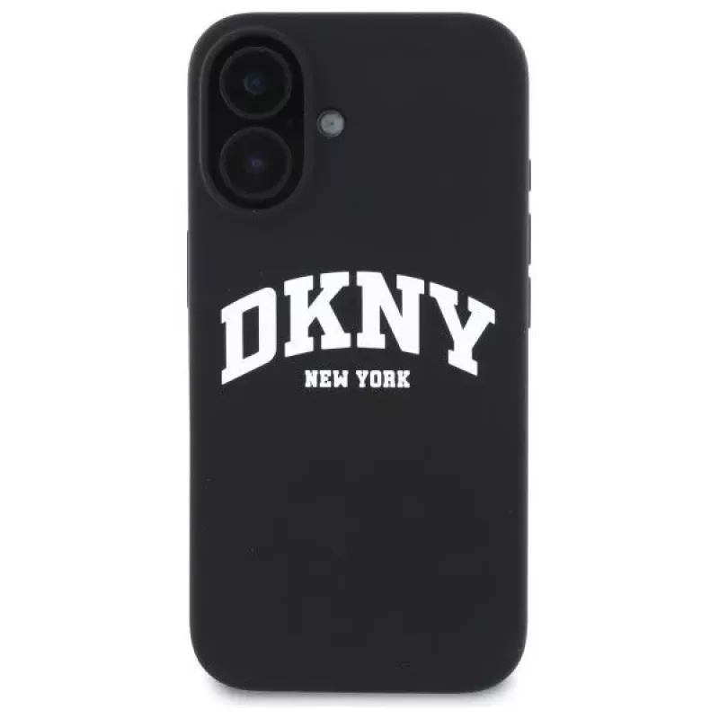 DKNY DKHMP16SSNYACH Kietas dėklas, skirtas Apple iPhone 16 6,1 colio, juodas silikonas su baltu spausdintu logotipu, MagSafe