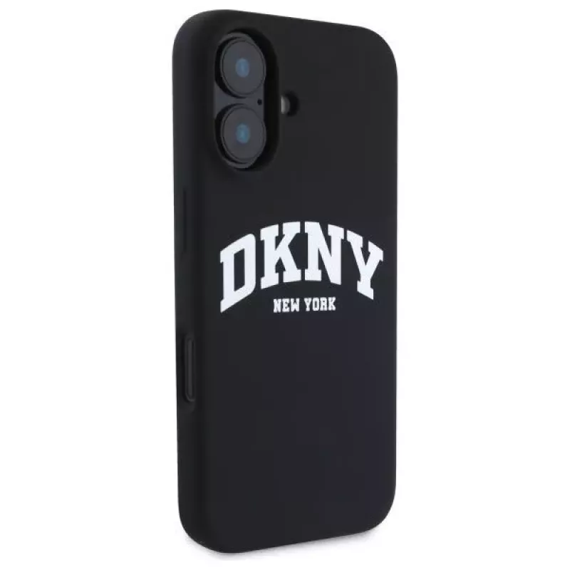DKNY DKHMP16SSNYACH Kietas dėklas, skirtas Apple iPhone 16 6,1 colio, juodas silikonas su baltu spausdintu logotipu, MagSafe