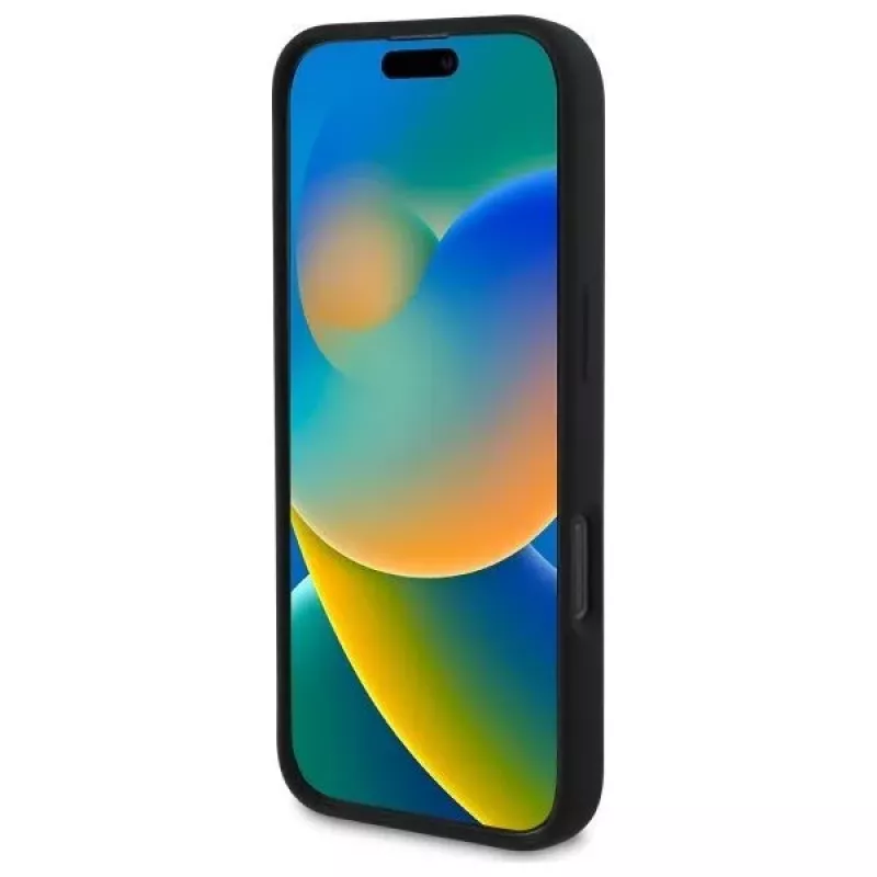 DKNY DKHMP16SSNYACH Kietas dėklas, skirtas Apple iPhone 16 6,1 colio, juodas silikonas su baltu spausdintu logotipu, MagSafe