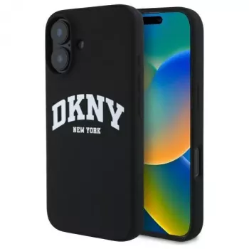 DKNY DKHMP16SSNYACH Kietas dėklas, skirtas Apple iPhone 16 6,1 colio, juodas silikonas su baltu spausdintu logotipu, MagSafe