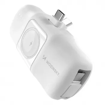 WOZINSKY WF16-YCS Mini Power Bank 5000mAh 15W USB-C su įmontuotu USB-C laidu ir Apple Watch įkrovikliu - balta
