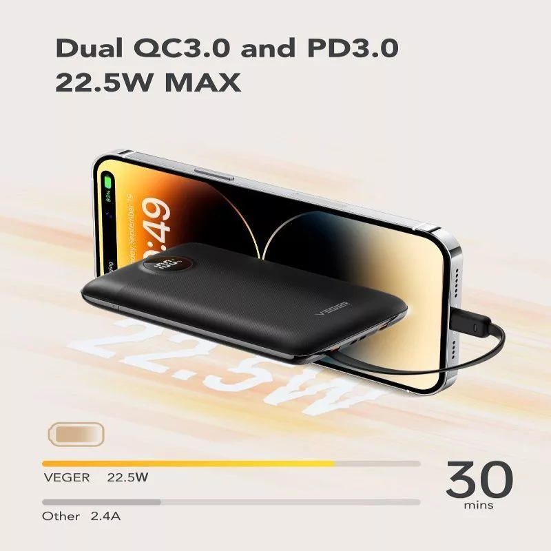 VEGER Powerbank C11 (W1170) PD QC3.0 22,5W 10000 mAh su įmontuotais USB-C ir Lightning kabeliais, juoda