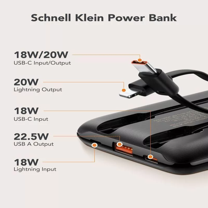 VEGER Powerbank C11 (W1170) PD QC3.0 22,5W 10000 mAh su įmontuotais USB-C ir Lightning kabeliais, juoda