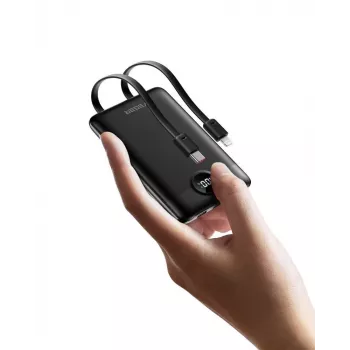 VEGER Powerbank C11 (W1170) PD QC3.0 22,5W 10000 mAh su įmontuotais USB-C ir Lightning kabeliais, juoda
