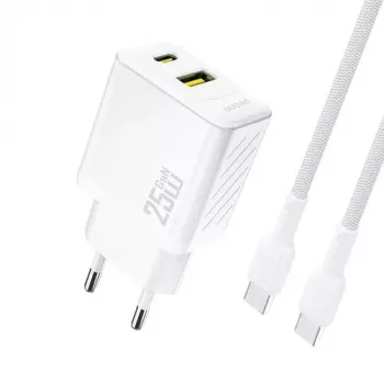 Dudao A26TCEU PD QC 25W GaN USB-A USB-C sieninis įkroviklis su USB-C laidu Baltas