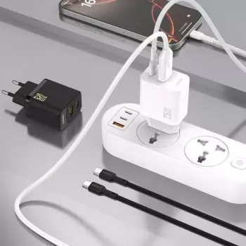Dudao A26TCEU PD QC 25W GaN USB-A USB-C sieninis įkroviklis su USB-C laidu juodas