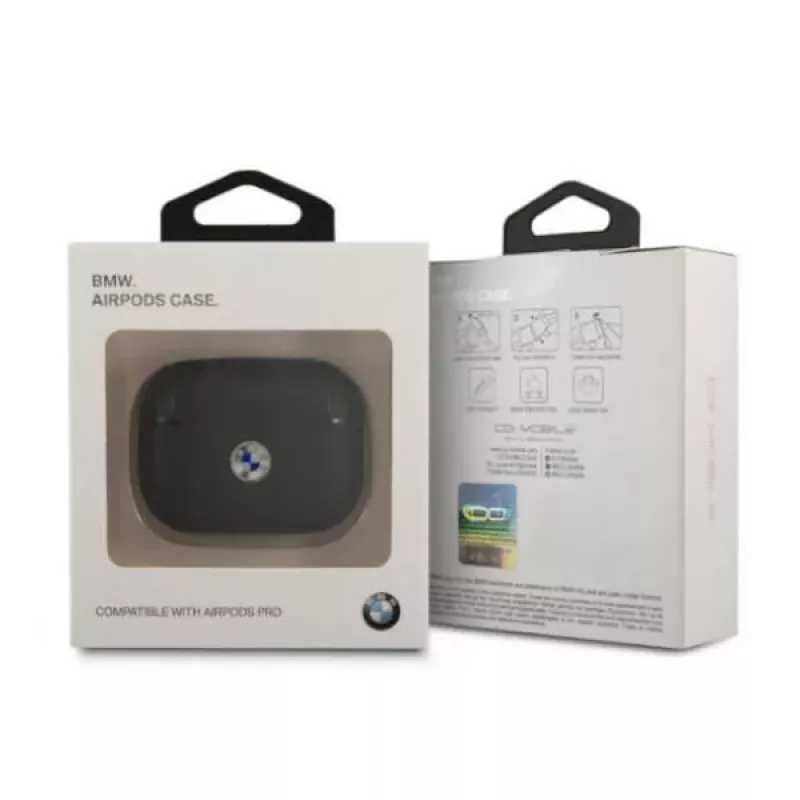 BMW AirPods Pro Dėklas iš Natūralios Odos Sidabrinis Logotipas Juodas