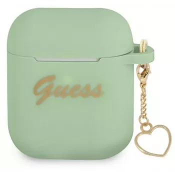 Guess GUA2LSCHSN Silikoninis dėklas su širdelės formos pakabuku „Charm Heart Collection“, skirtas Apple AirPods 1/2, žalias