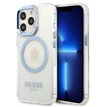 Guess Apple iPhone 13 Pro Max 6,7 inch kietasis dėklas Metal Outline Magsafe skaidrus mėlynas