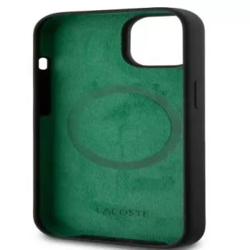 Lacoste Apple iPhone 15 6,1 colio skysto silikono mikropluošto Croc logotipo Magsafe nugarėlė juoda