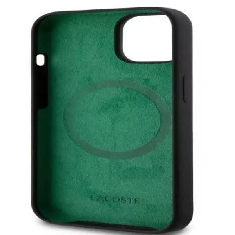 Lacoste Apple iPhone 15 6,1 colio skysto silikono mikropluošto Croc logotipo Magsafe nugarėlė juoda