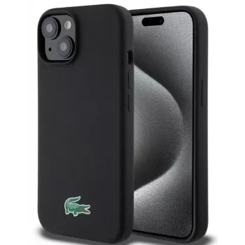 Lacoste Apple iPhone 15 6,1 colio skysto silikono mikropluošto Croc logotipo Magsafe nugarėlė juoda