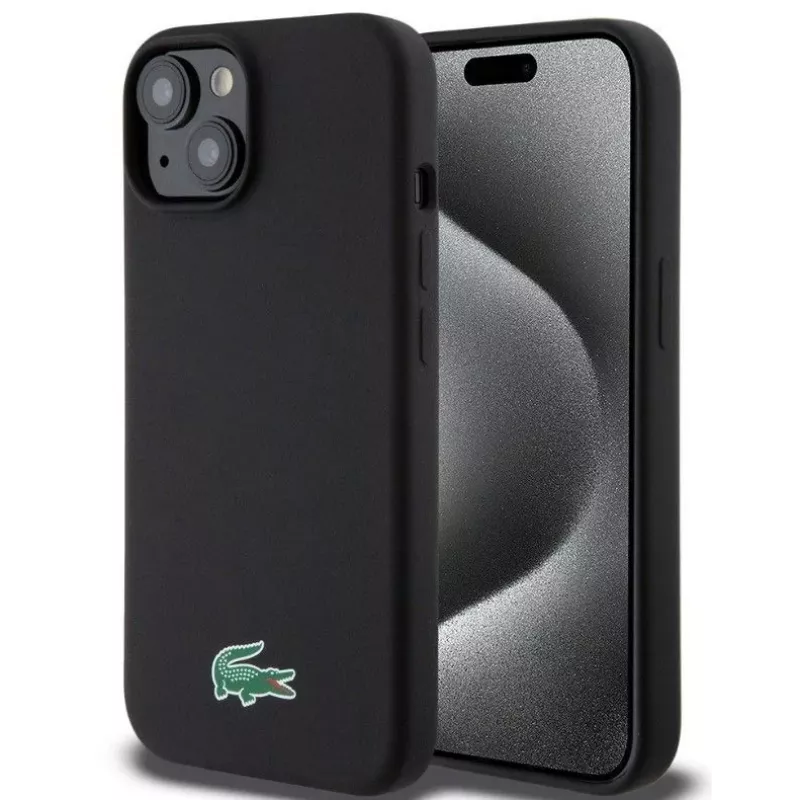 Lacoste Apple iPhone 15 6,1 colio skysto silikono mikropluošto Croc logotipo Magsafe nugarėlė juoda