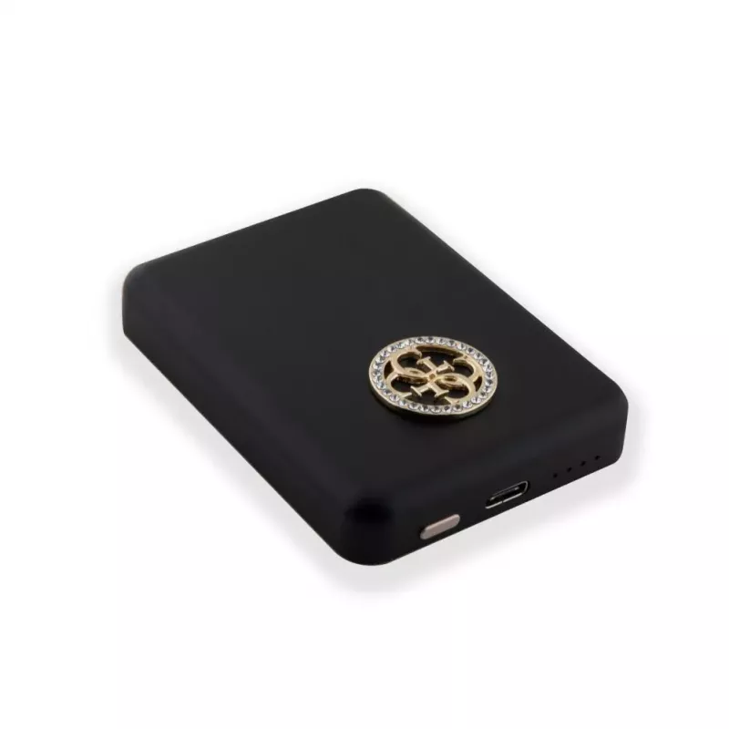 Guess Power Bank 5000mAh 15W MagSafe ir įprastas įkrovimas su Strassed 4G Logotipu Juoda