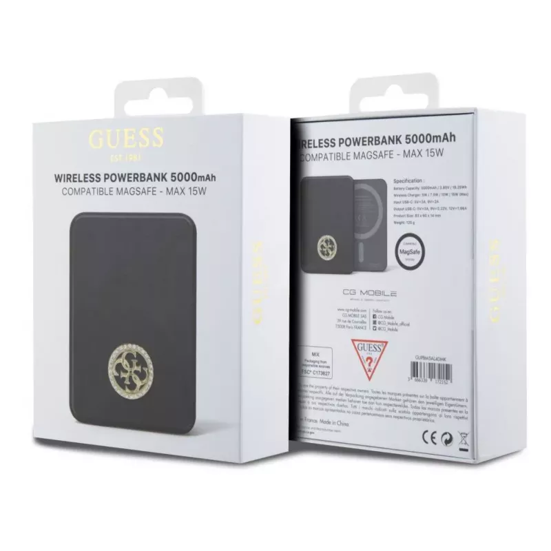 Guess Power Bank 5000mAh 15W MagSafe ir įprastas įkrovimas su Strassed 4G Logotipu Juoda