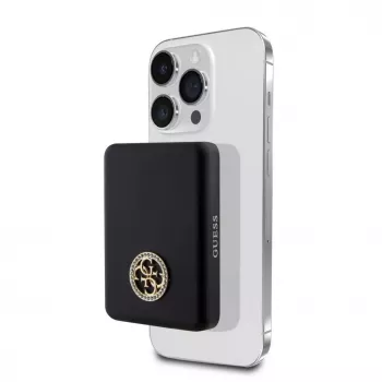 Guess Power Bank 5000mAh 15W MagSafe ir įprastas įkrovimas su Strassed 4G Logotipu Juoda