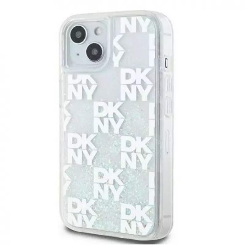 DKNY Apple iPhone 15 kietas dėklas „Liquid Glitter Multilogo“ baltas