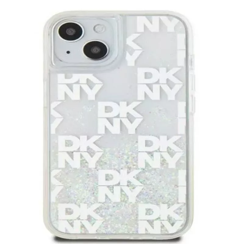 DKNY Apple iPhone 15 kietas dėklas „Liquid Glitter Multilogo“ baltas