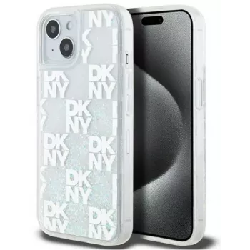 DKNY Apple iPhone 15 kietas dėklas „Liquid Glitter Multilogo“ baltas