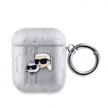 Karl Lagerfeld PU Embossed Karl and Choupette Heads Case for AirPods 1/2 sidabrinis
