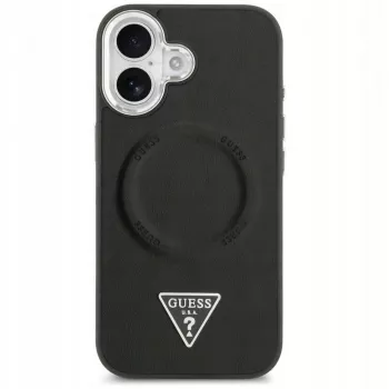 „Guess“ Apple iPhone 17 odinės tekstūros dėklas su trikampiu logotipu ir MagSafe, juodas