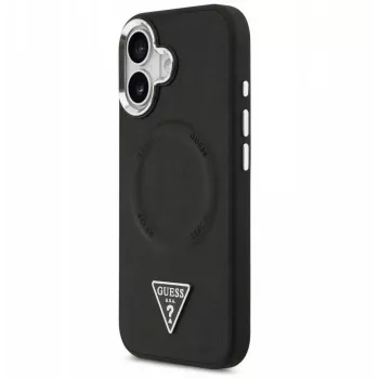„Guess“ Apple iPhone 17 odinės tekstūros dėklas su trikampiu logotipu ir MagSafe, juodas