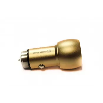 Evelatus ECC01 GOLD automobilinis įkroviklis su 2 USB prievadais, 3.1A ir nerūdijančio plieno avariniu įrankiu, auksinis